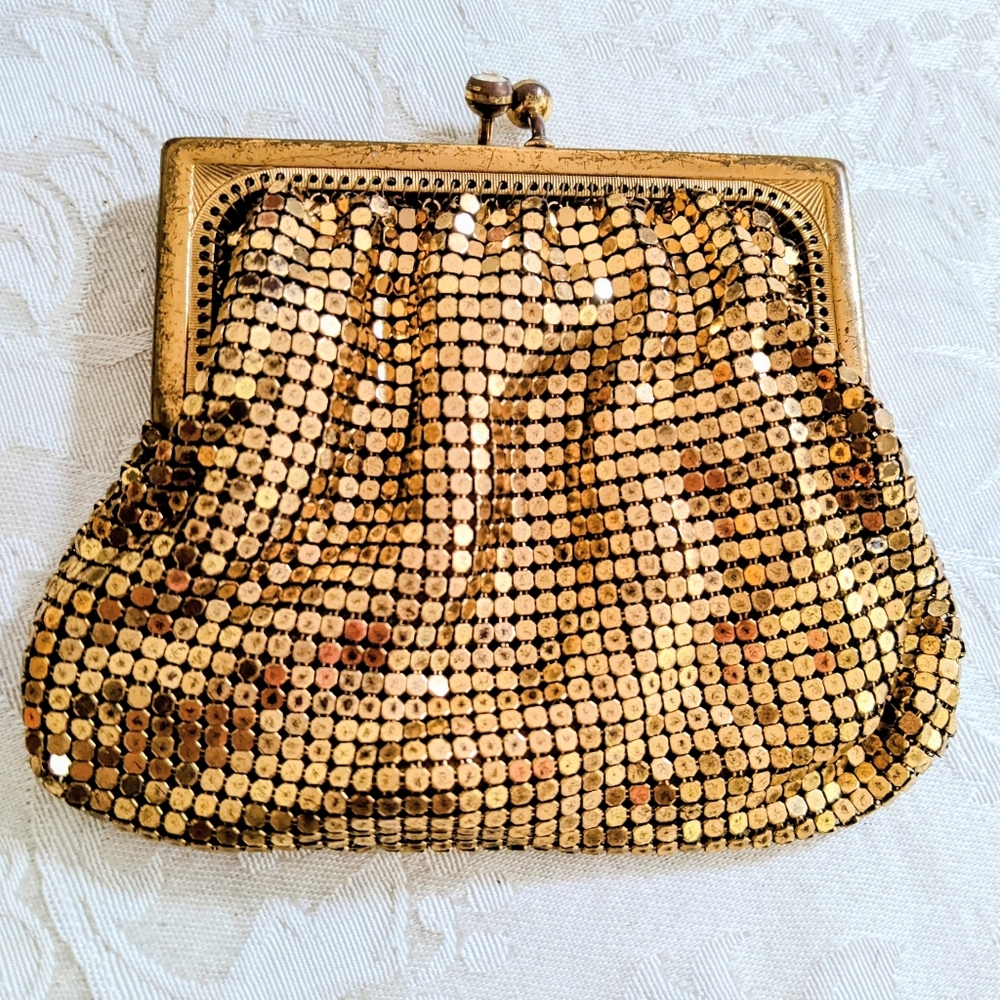 Vintage Gold Purse 1960's Duramesh Bag Evening Metallic Kisslock Crystals